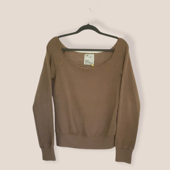 921 Tops - Off Shoulder Raw Cut Neckline Rib Knit Cuff & Hem Soft Slouchy Brown Sweatshirt
